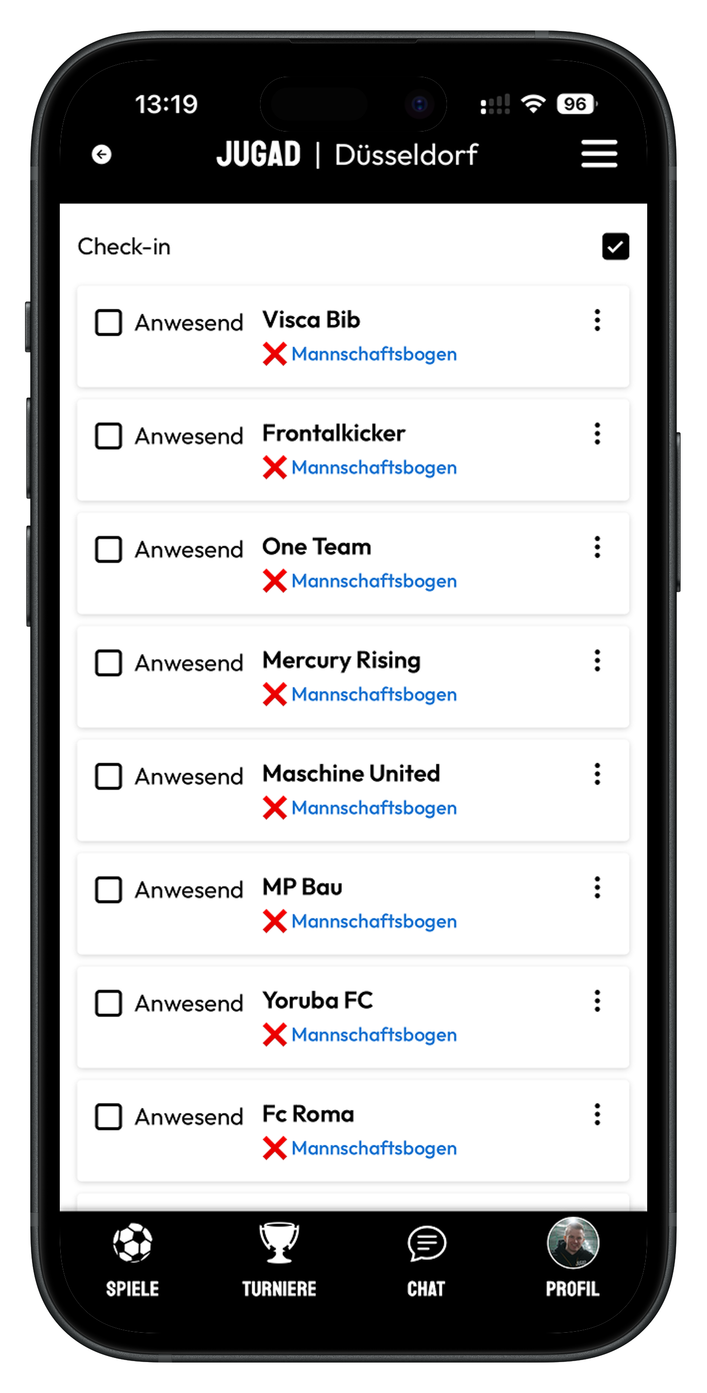 Aktiver Check-in in der JUGAD-App: Teams lassen sich als anwesend abhaken, der Mannschaftsbogen ist je Team verlinkt