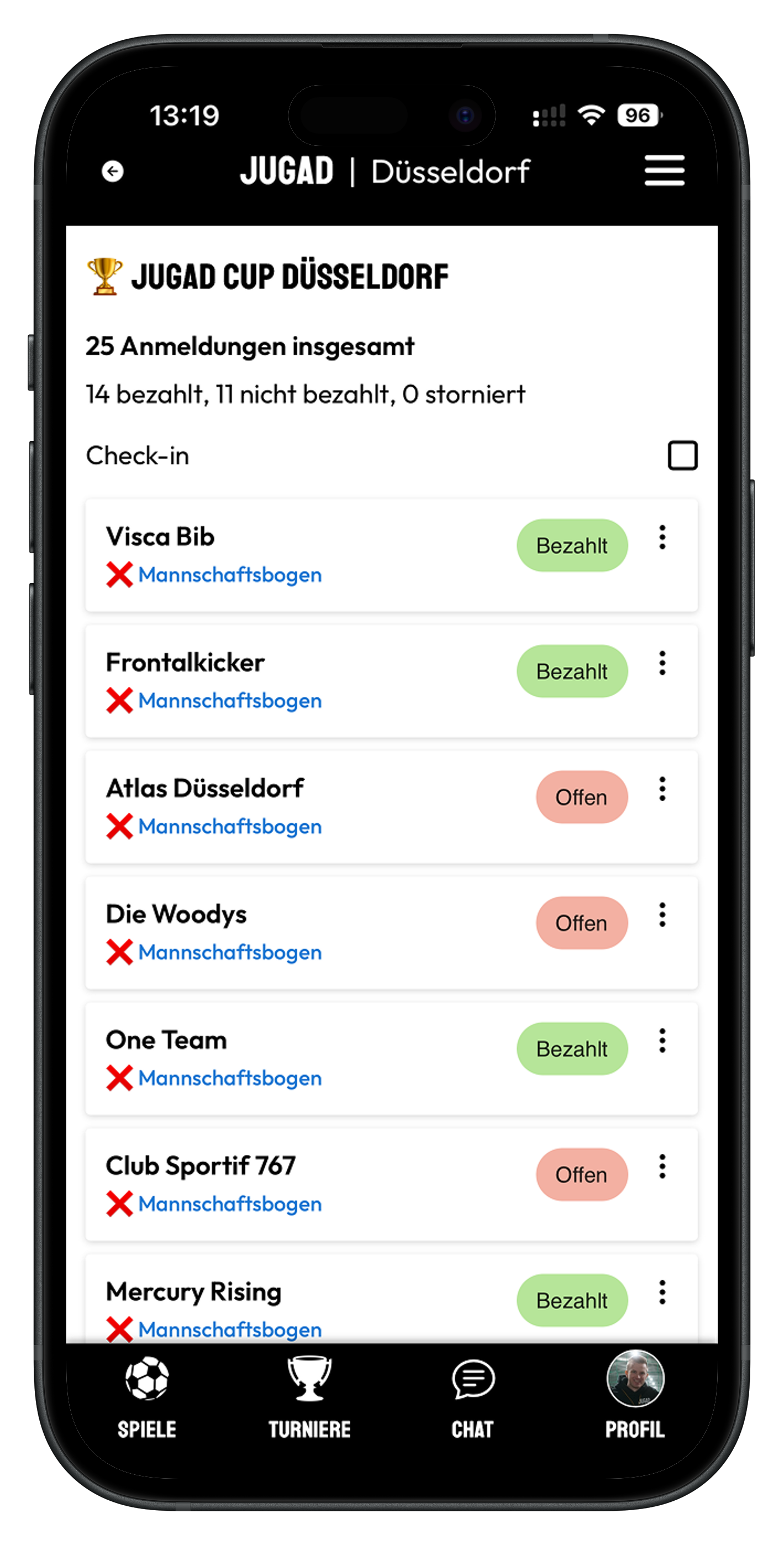 Teamverwaltung des JUGAD Cup Düsseldorf in der JUGAD-App: 25 Anmeldungen und die Teams mit dem Status „Bezahlt“ oder „Offen“ samt Link zum Mannschaftsbogen