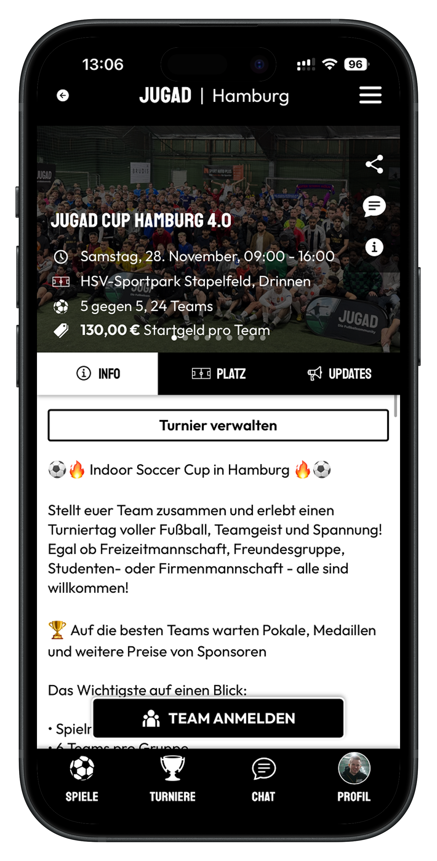 Turnierseite des JUGAD Cup Hamburg 4.0 in der JUGAD-App mit Termin, Ort, Spielmodus, Startgeld und den Schaltflächen „Turnier verwalten“ und „Team anmelden“
