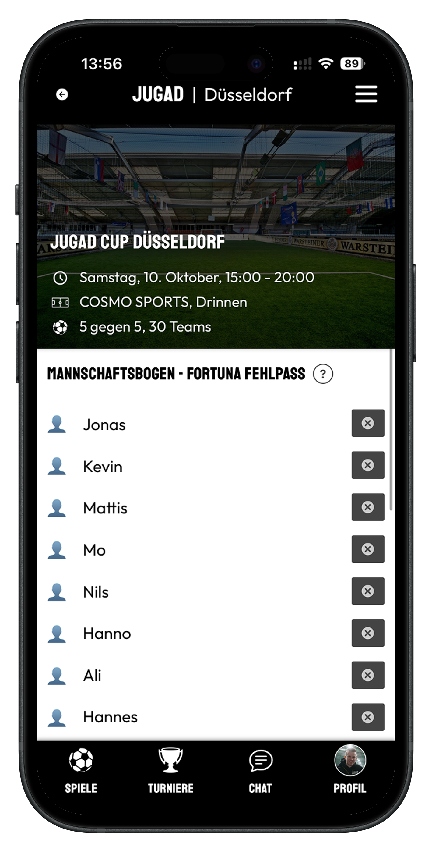 Mannschaftsbogen des Teams Fortuna Fehlpass in der JUGAD-App mit der Liste der eingetragenen Spieler
