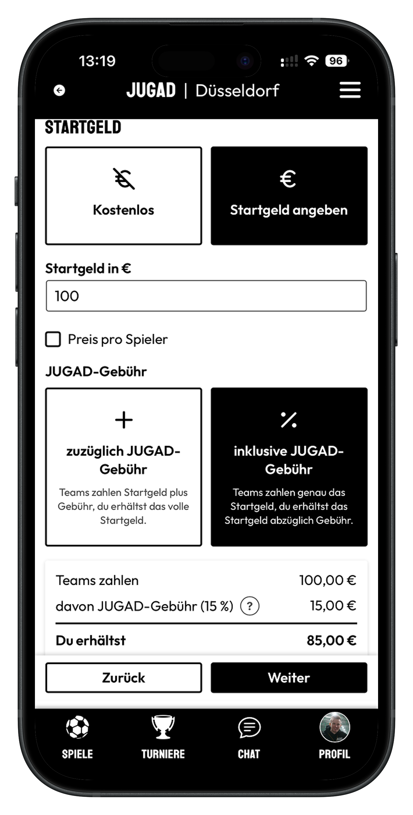 Startgeld festlegen in der JUGAD-App: Auswahl zwischen „zuzüglich JUGAD-Gebühr“ und „inklusive JUGAD-Gebühr“ mit Ausweisung der 15 % Gebühr