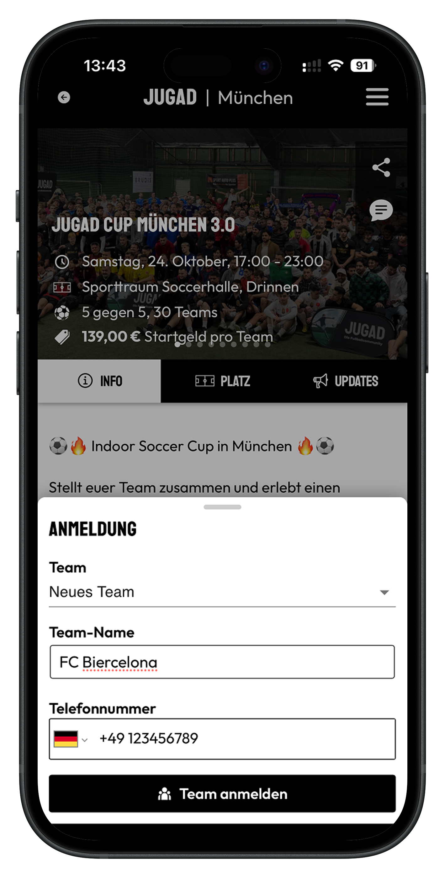 Anmeldung beim JUGAD Cup München 3.0 in der JUGAD-App mit den Feldern für Teamname und Telefonnummer