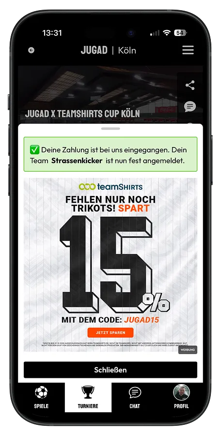 In der App: Pop-up nach der Teamanmeldung: TeamShirts-Einbindung inklusive Gutscheincode
