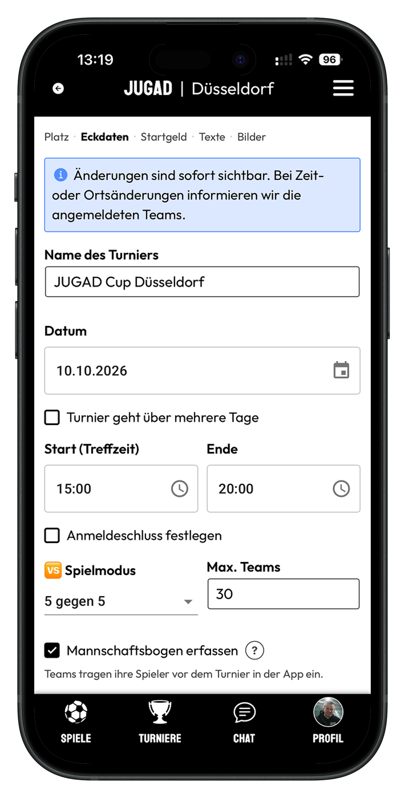 Turnier bearbeiten in der JUGAD-App: Name, Datum, Start- und Endzeit, Spielmodus, maximale Teamzahl und die Option „Mannschaftsbogen erfassen“