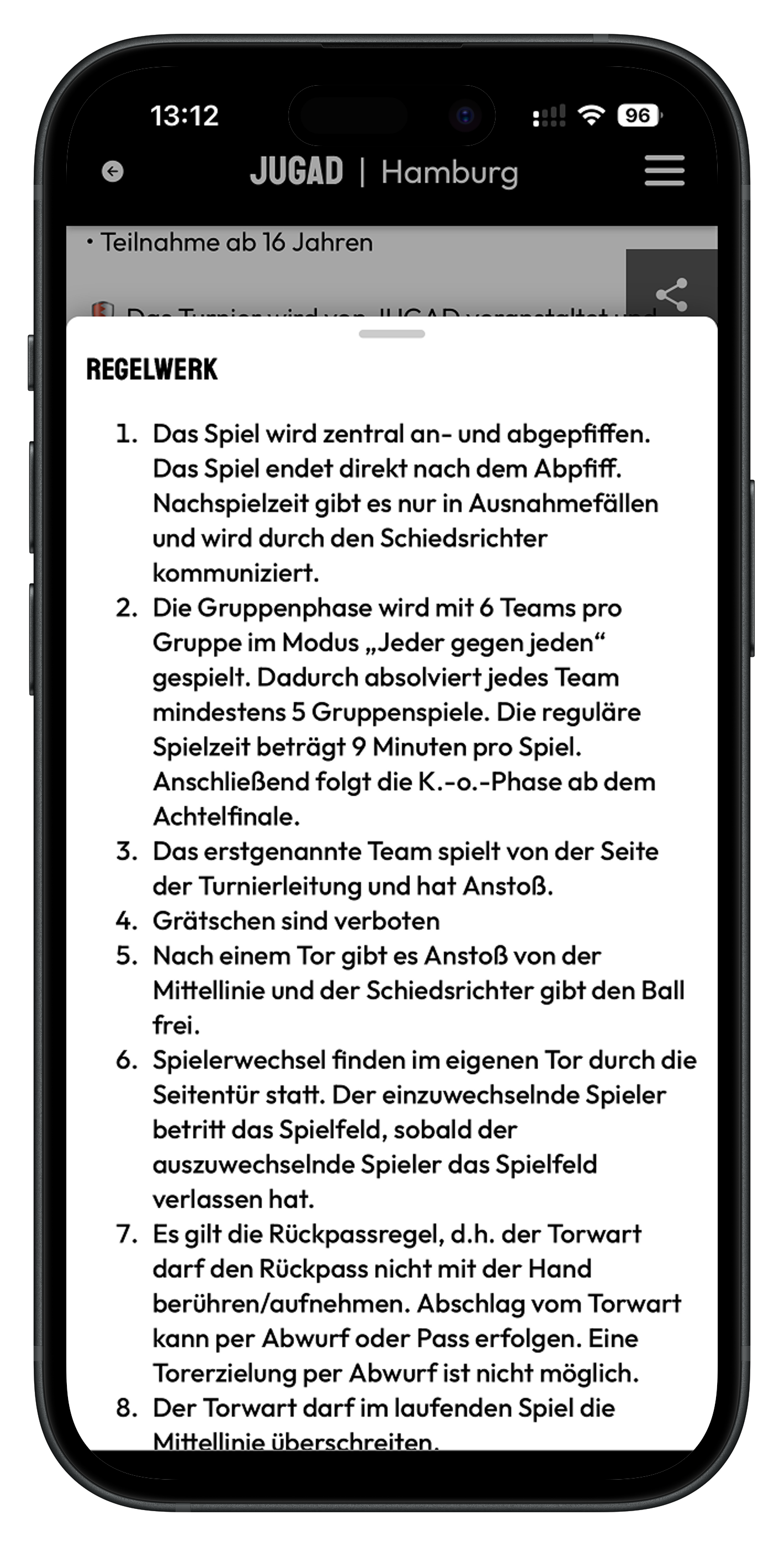 Ausgeklapptes Regelwerk eines Turniers in der JUGAD-App mit nummerierten Spielregeln