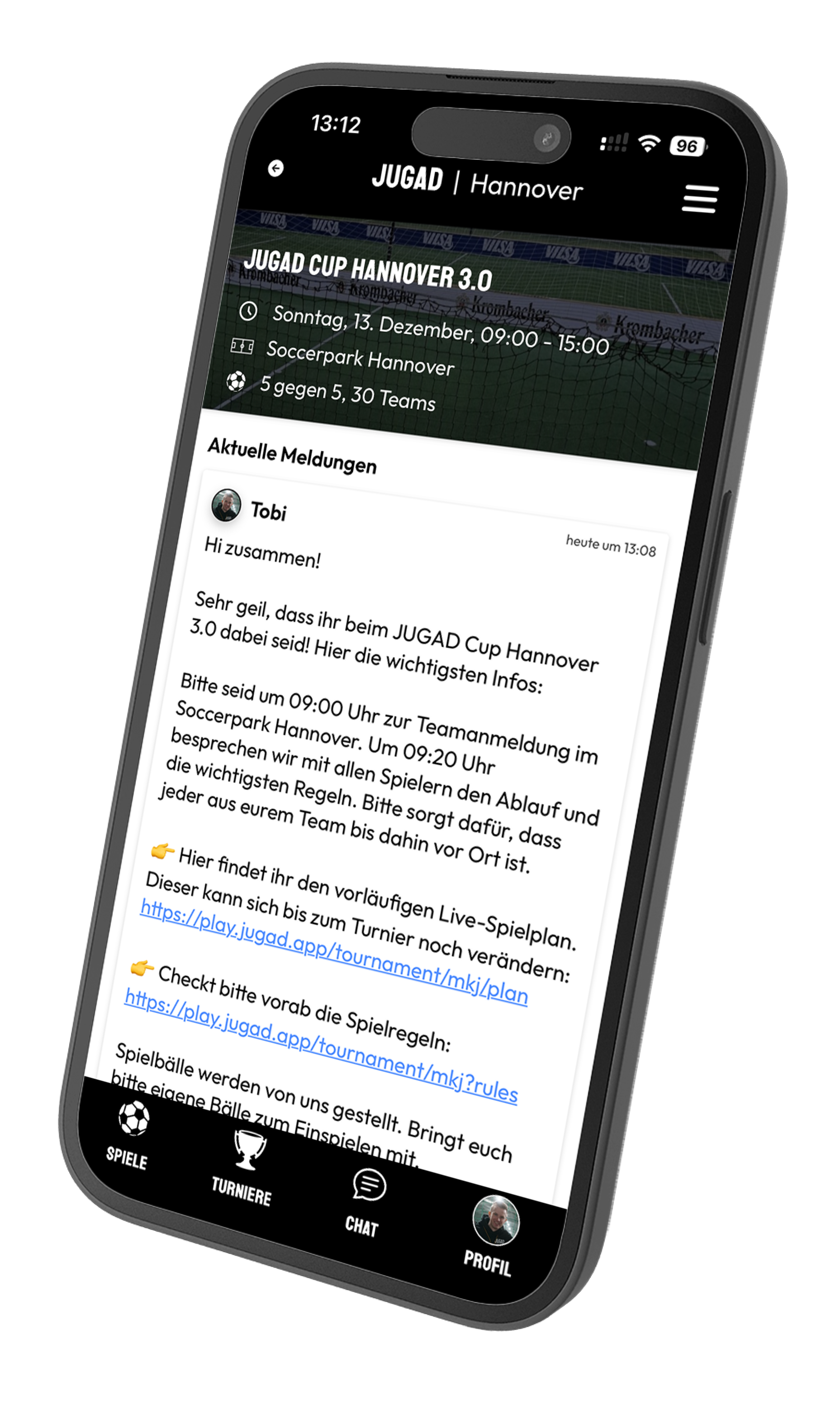 Turnierkanal des JUGAD Cup Hannover 3.0 in der JUGAD-App mit einer Meldung des Veranstalters zu Treffpunkt, Ablauf und Spielplan