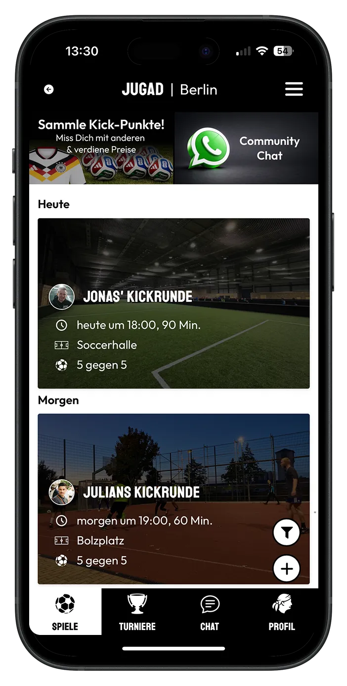 JUGAD App, Game Feed mit Kickrunden in einer Soccerhalle und auf einem Bolzplatz