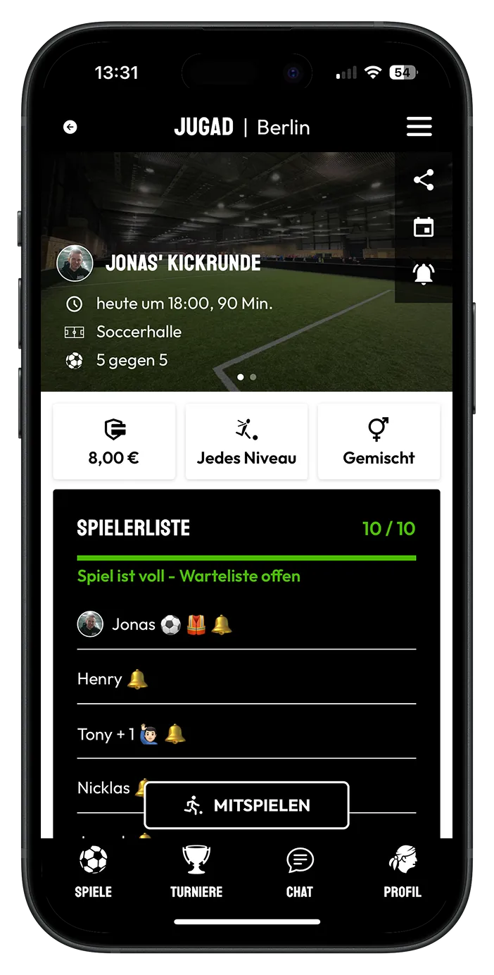 JUGAD App, Spieldetails einer Kickrunde mit Teilnahmebeitrag und Spielerliste